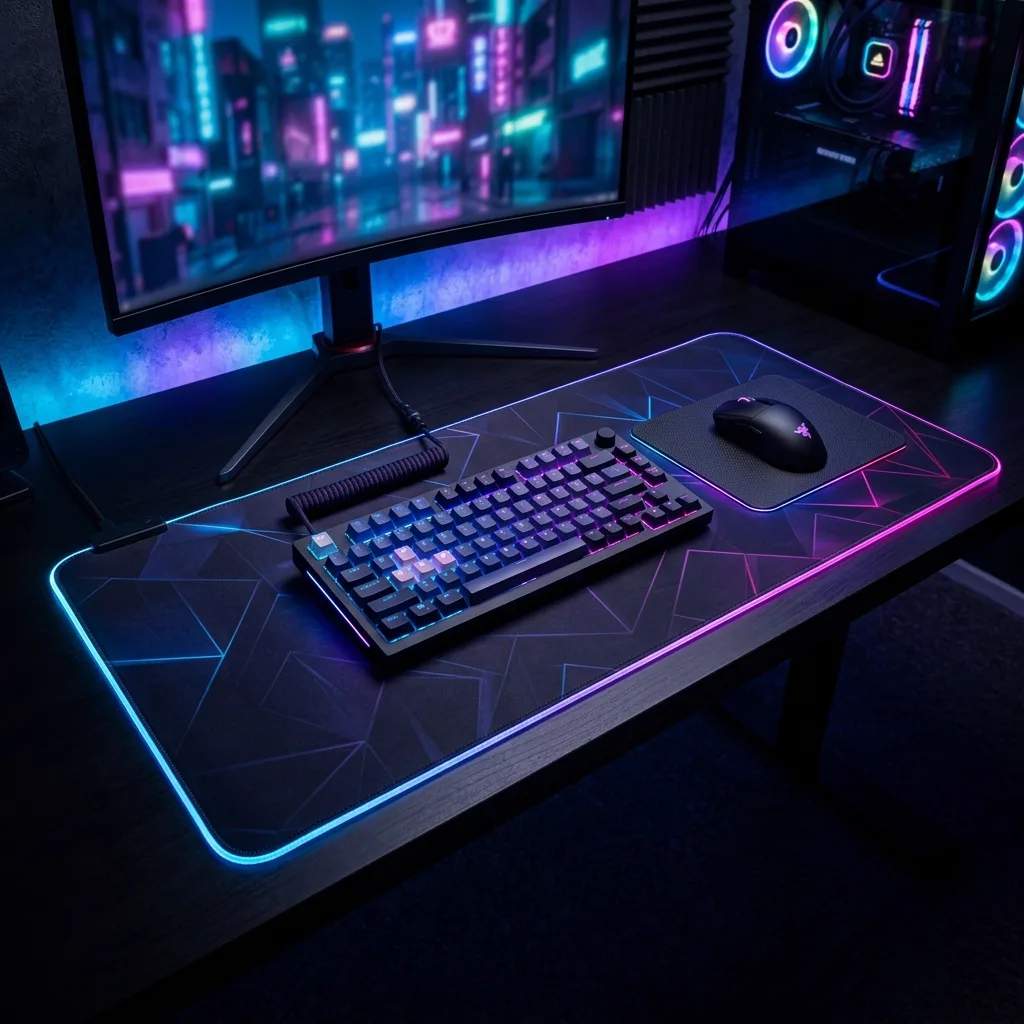 แผ่นรองเมาส์เกมมิ่งขนาดใหญ่ (Desk Mat) ไฟ RGB: เลื่อนเมาส์ลื่น คุมจังหวะยิงแม่นยำ